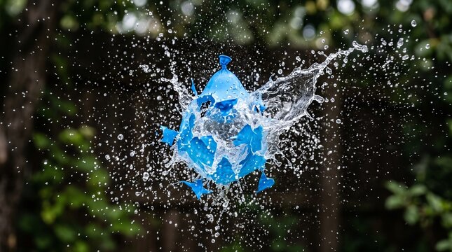 Bursting water balloon with splashing droplets captured in mid air
