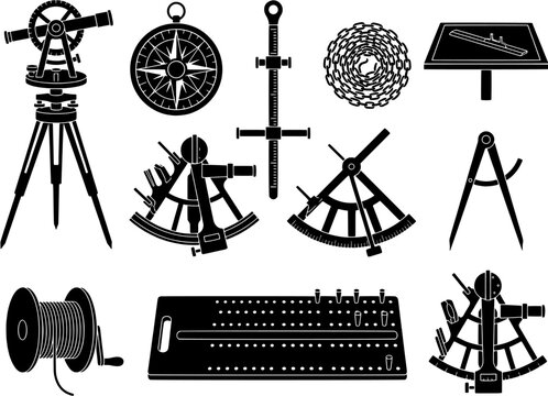 Surveying and navigation instrument icon set in a flat black silhouette style including theodolite, compass, sextant, measuring chain, and drafting tools.