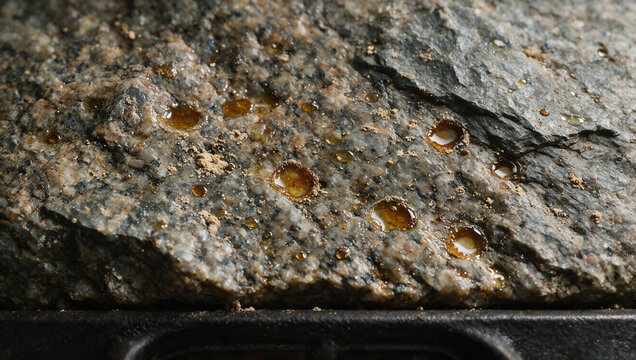 Close-up of rough grey stone surface splattered with amber grease droplets and spilled powder. Dirty unhygienic kitchen texture with oil stains. Messy cooking environment background