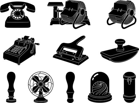 Retro office equipment icon set in a flat black silhouette style including rotary phone, rolodex, adding machine, hole punch, ink stamp, electric fan and mailing tube.