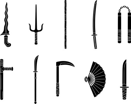 Asian weapon icon set in a flat black silhouette style including kris, sai, katana, nunchaku, tonfa, naginata, kama, war fan and tanto.