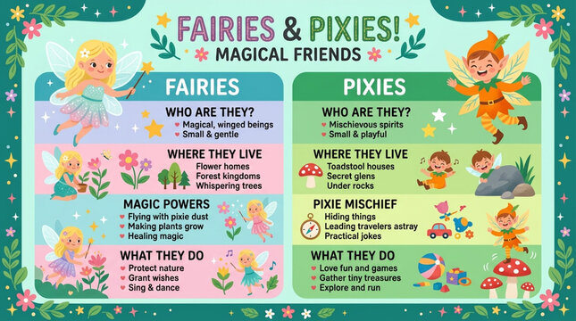 Fairies and Pixies Educational Comparison Infographic with Cute Cartoon Illustrations for Children