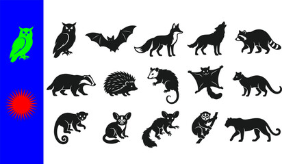 Obraz premium Collection of fifteen black nocturnal forest animal silhouettes featuring owl bat fox wolf raccoon badger hedgehog opossum flying squirrel lemur monkey sloth puma banner isolated