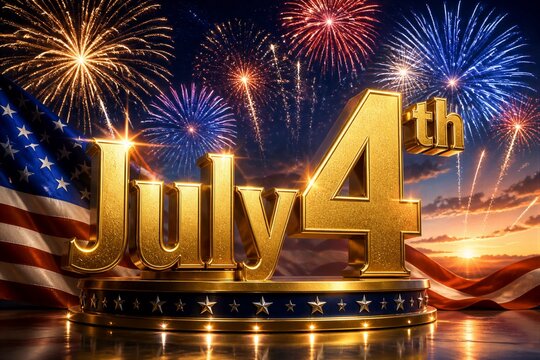 July fourth text displayed with fireworks over flag background