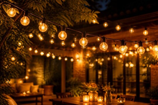 Outdoor string lights glowing over patio dining area