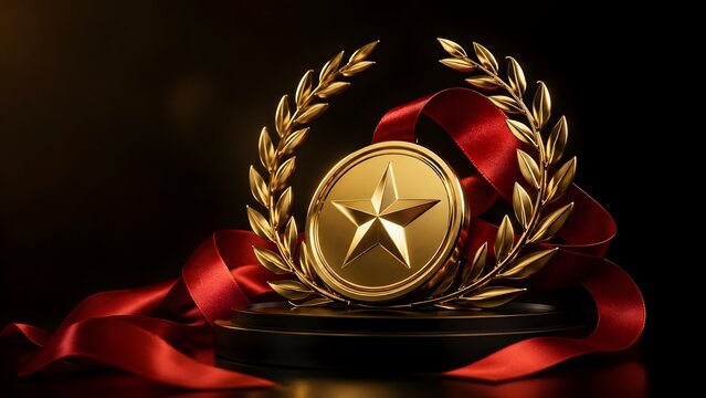 Golden star medal surrounded by a laurel wreath on a black podium with red ribbon representing victory championship and top performance.