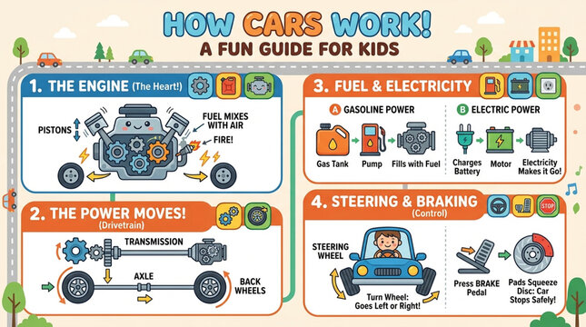 Educational Infographic for Kids Explaining How Cars Work with Engine Mechanics Fuel and Braking System Diagrams