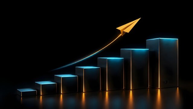 Golden paper airplane flying over dark metallic bar charts with glowing edges symbolizing upward financial trends and successful market growth.