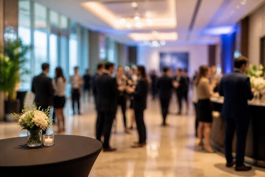 Guests mingling during reception in hotel conference area