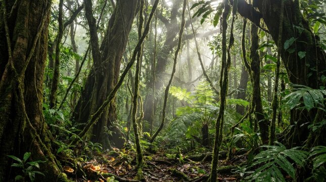 Lush tropical rainforest canopy with sunlight filtering through mossy trees and dense vegetation