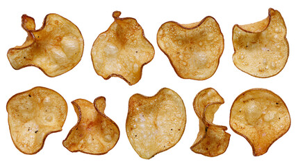 Naklejka premium Isolated collection of crispy golden brown potato chips, savory fried snack food assortment.