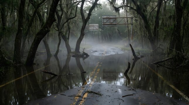 Flooded asphalt road winding through misty swamp forest with hanging spanish moss.