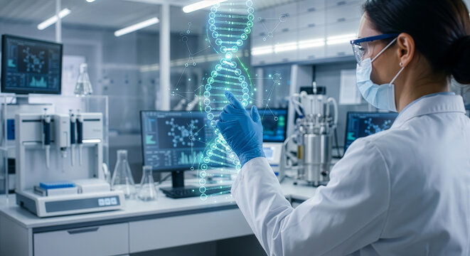 研究所で空中に浮かぶDNA二重らせんホログラムを分析・操作する女性科学者の3Dコンセプト。遺伝子工学やバイオテクノロジー、最先端医療研究と創薬開発を表現したCGイラスト背景
