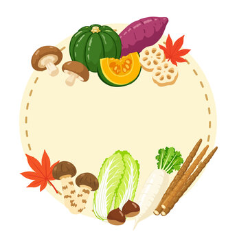 秋野菜と秋の味覚のフレームイラスト｜さつまいも、かぼちゃ、きのこ、根菜の飾り枠