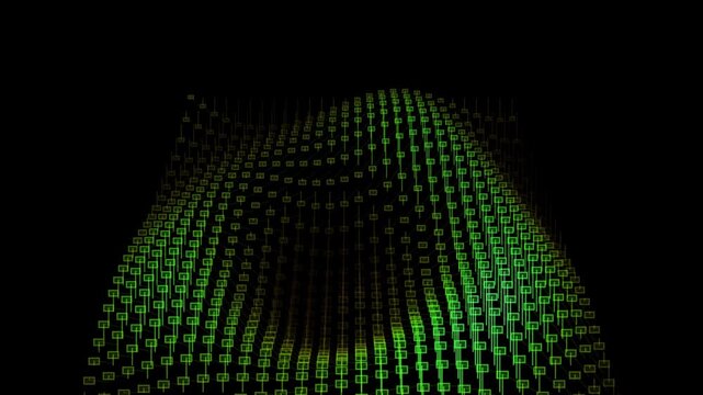 Green digital wave of glowing dots, futuristic data visualization grid, abstract neon light particles on black background