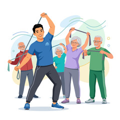 Obraz premium Fitness Trainer Leading Seniors in Resistance Band Exercise Class
