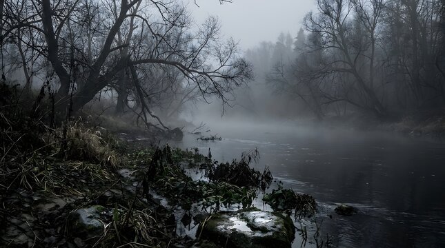 Misty river landscape under barren trees with dark moody fog for atmospheric mood.