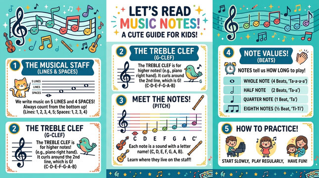 Cute Educational Infographic for Kids Learning to Read Music Notes and Treble Clef
