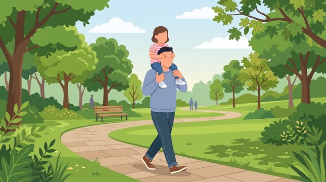 Faceless father carrying child on shoulders in a peaceful park, joyful family bonding moment with trees and walking path in clean illustration