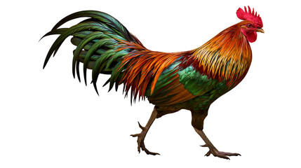 Isolated majestic rooster with vibrant red, orange, green plumage walking proudly © Francisco