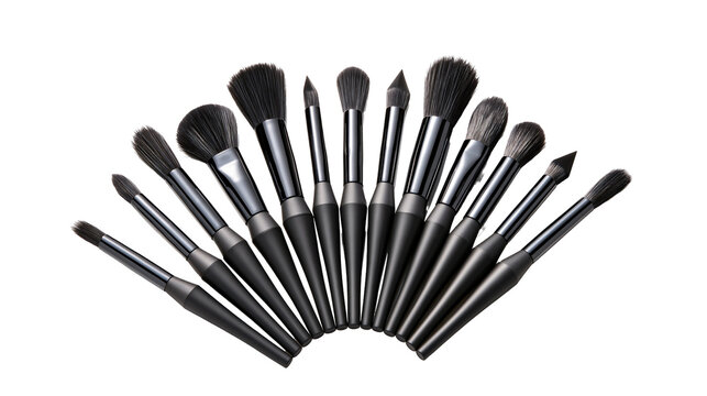 Isolated set of professional black makeup brushes arranged in a fan shape for cosmetic application.