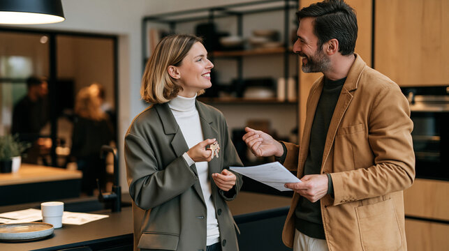 Happy new homeowners standing in a modern kitchen with their realtor, holding house keys and signed documents, successful property purchase, home ownership, kitchen interior, real