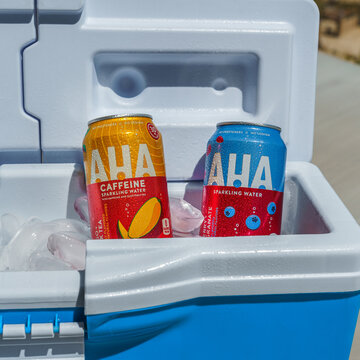 Cans of AHA Sparkling Water in a blue ice chest on August 29, 2021 in Yucca Valley, California
