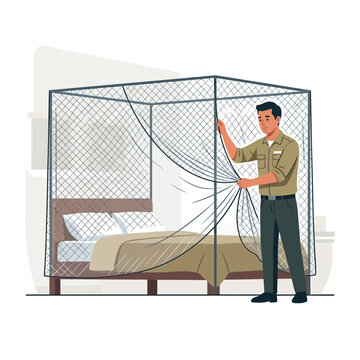Man setting up a mosquito net over a bed, vector illustration representing protection and health