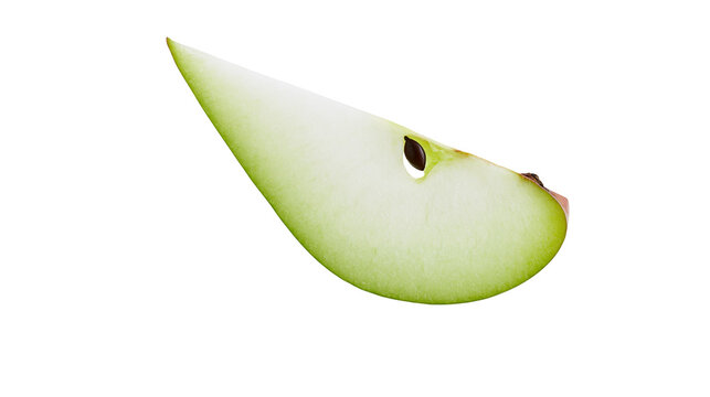 Isolated single crisp green apple slice with one seed, a healthy and fresh fruit.
