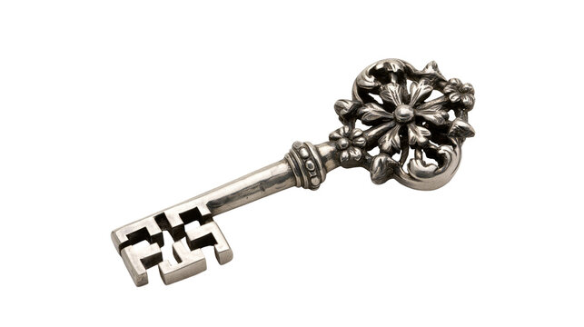 Isolated elegant antique silver key with an intricately designed floral handle