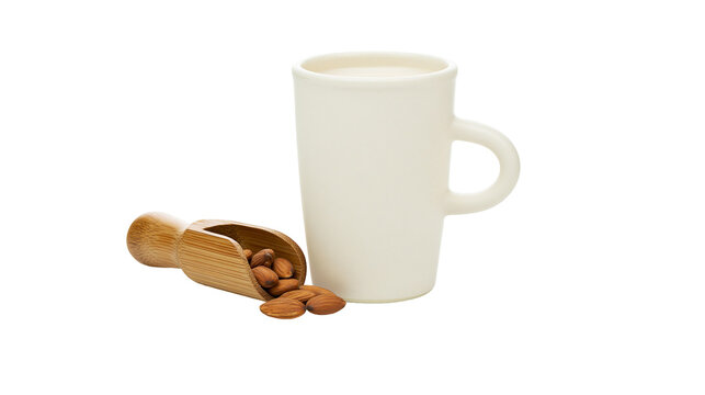 Isolated creamy almond milk in white mug with wooden scoop and fresh whole almonds.