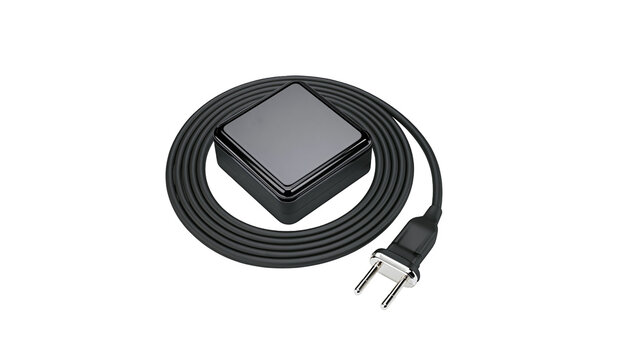 Isolated black square smart device with coiled electric power cable and two-pin plug
