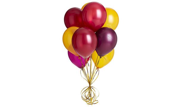 Isolated vibrant bunch of colorful party balloons tied with gold ribbons, festive celebration decoration