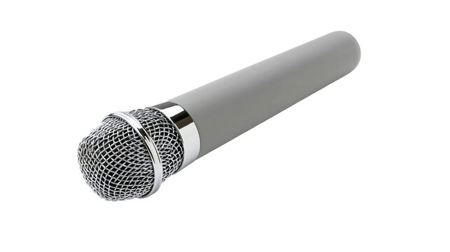 Isolated modern dynamic microphone with metallic mesh grill for recording or live performance.