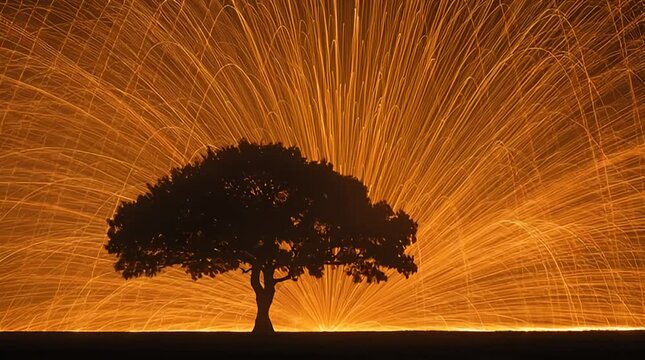 Silhouette of a majestic tree against a vibrant background of swirling light trails creating an ethereal and symbolic image representing growth resilience and natural wonder