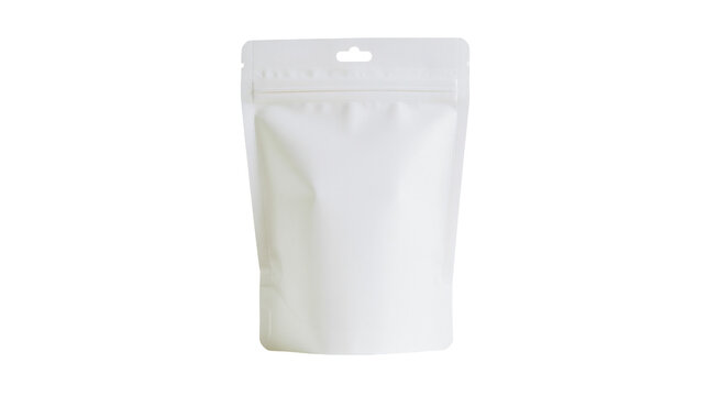 Isolated blank stand up pouch with zipper and hang hole, white plastic bag packaging.