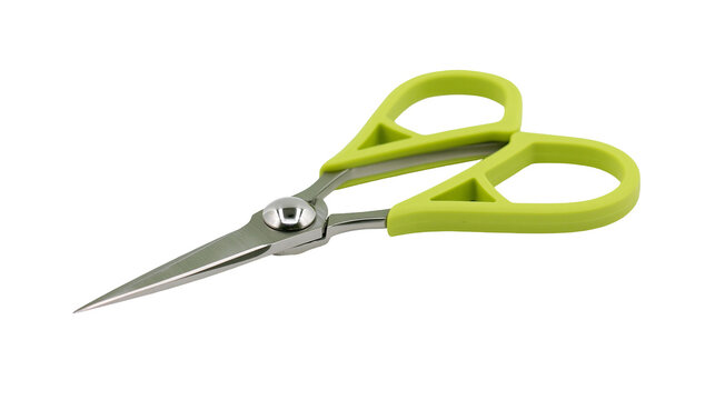 Isolated small sewing scissors with sharp pointed blades and vibrant lime green handles.