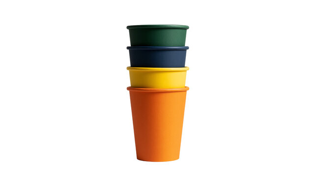 Isolated stack of four vibrant plastic pots in green, blue, yellow, and orange colors