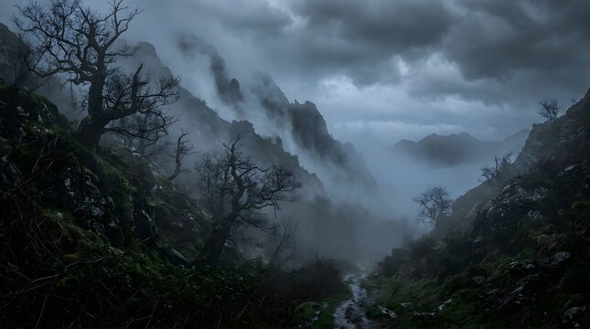 Narrow dirt path winds through dark foggy mountain pass between bare winter trees.