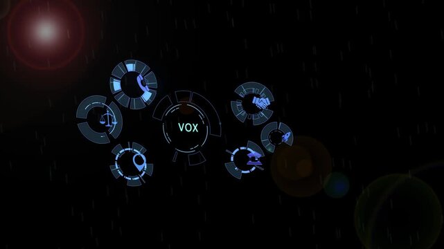 Futuristic digital interface hud featuring animated vox branding with circular data network connectivity symbols, and sleek cybernetic ui for high-tech