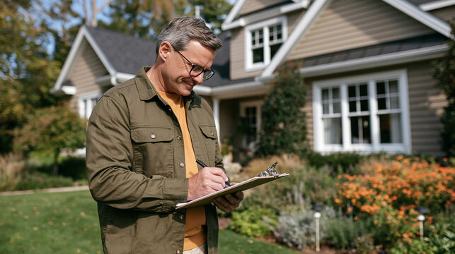 Professional realtor inspecting a residential property exterior with a clipboard, checking windows, roof and landscaping, property inspection, real estate evaluation, home