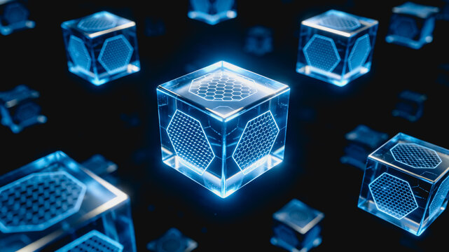 3D rendering of glowing transparent holographic cubes with hexagon patterns, representing blockchain and digital network technology.