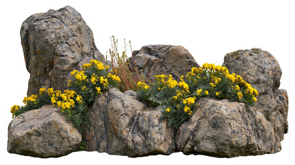 Isolated natural rock formation adorned with vibrant yellow flowers and wild green plants © Oisin