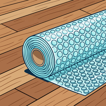 Roll of blue bubble wrap on hardwood floor
