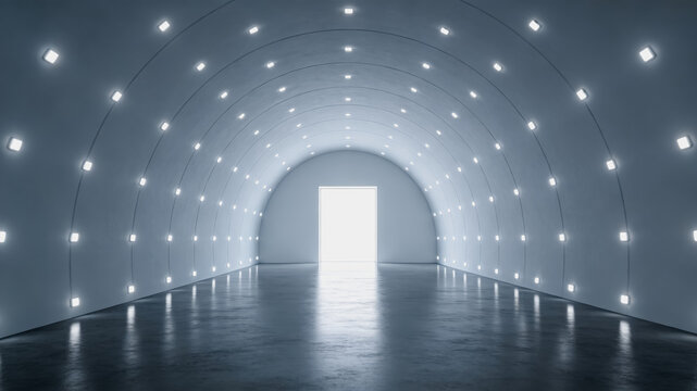 A spacious empty arched interior with square recessed lights and a smooth reflective floor, leading to a bright rectangular opening at the far end.