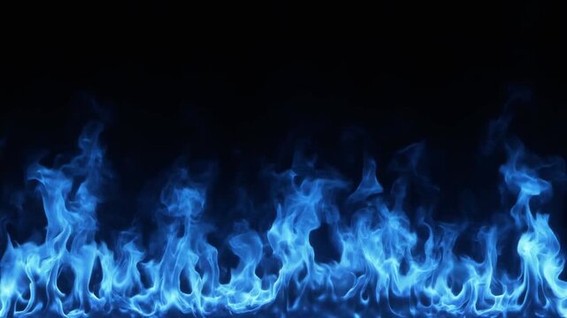 Vibrant blue flames burning brightly along the bottom against a deep black background