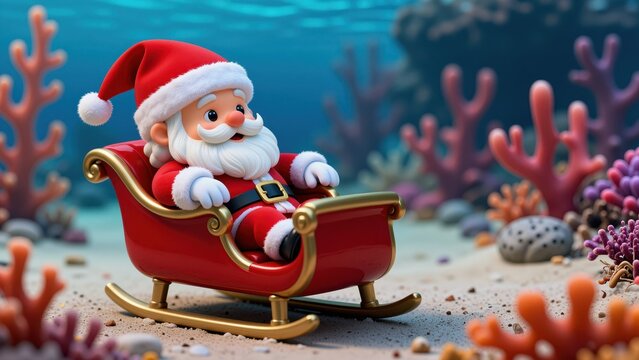 Cute Santa Claus Figure Relaxing on a Sleigh Toy with Undersea Coral Reef Background for Christmas Holiday Decorations and Seasonal Themes