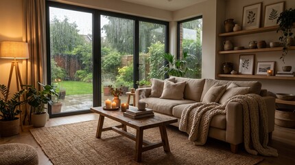 Fototapeta premium Cozy Living Room Interior with Neutral Tones and Garden View