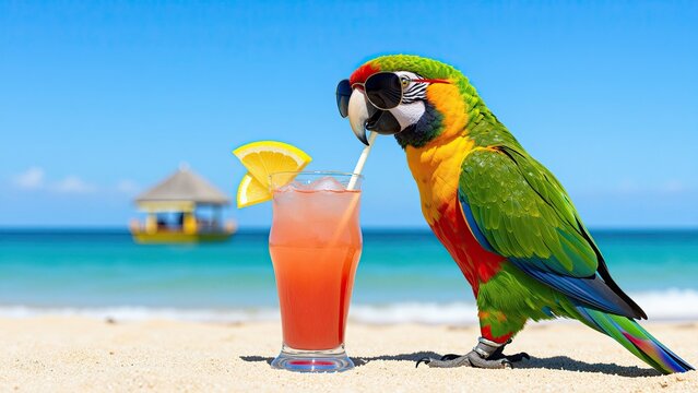 Colorful parrot perched on a beach beside a tropical cocktail with a lemon wedge and straw, ocean background, sunny sky, leisure, travel, vacation scene