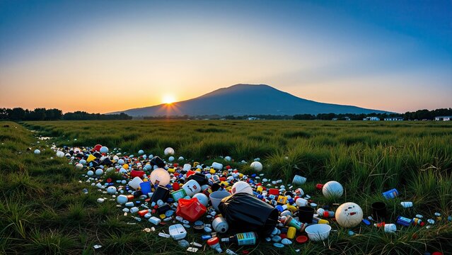 Disposal of a large collection of used batteries and electronic waste scattered across a grassy field at sunset with a mountain in the background, environmental pollution concept